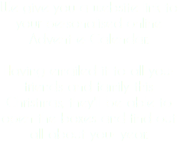 We give you a website link to your personalised online Advent e-Calendar. Having emailed it to all your friends and family this Christmas, they'll be able to open the boxes and find out all about your year.